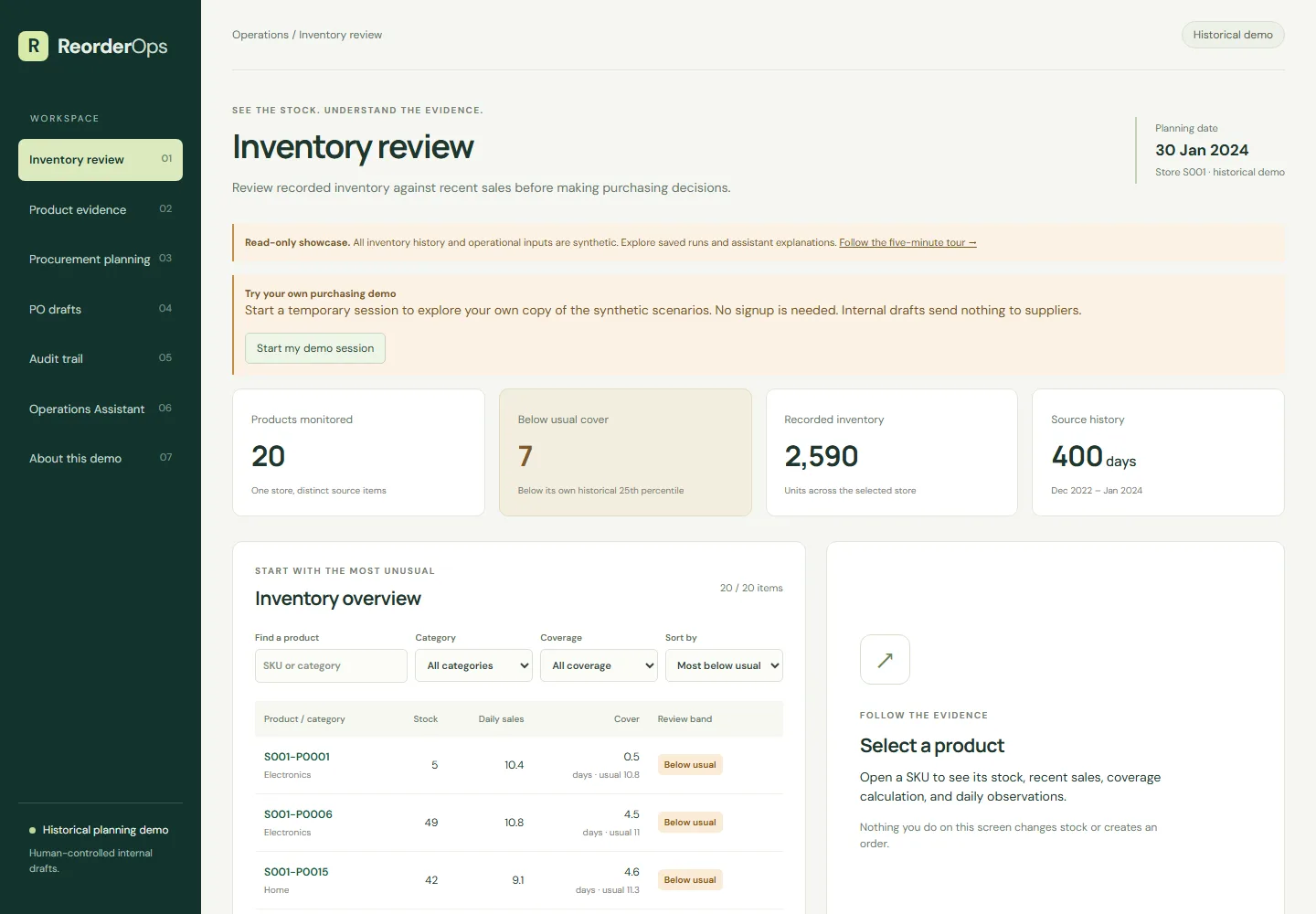 ReorderOps public inventory review: historical planning date, synthetic-data notice, inventory metrics and product table.